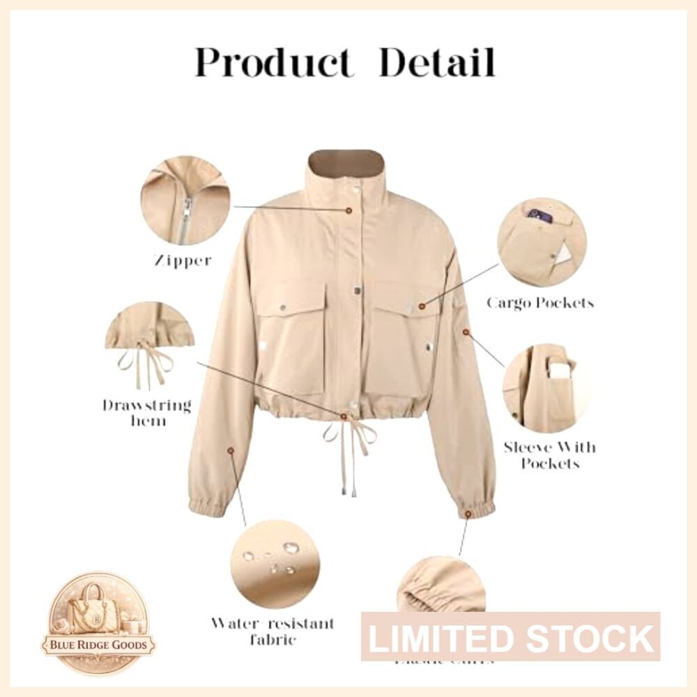 Cropped Bomber Jacket Lightweight Utility Anorak Zip Up With Pockets Trendy - Picture 6 of 7